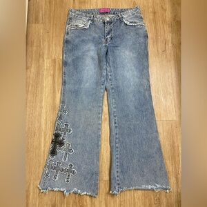 Light Blue Wide Leg Jeans with Cross Appliqué